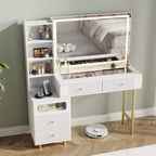 Coiffeuse 48 po avec miroir et lumières, coiffeuse moderne cannelée avec plateau en verre et armoire de rangement
