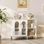 Storage Modern Buffet Cabinet with Glass Doors,Coffee Bar Cabinet with 2 Open Storage Shelves and Metal Handle, Accent,Living Room,Dining Room,White