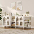 Buffet moderne de rangement avec portes vitrées, meuble de bar à café avec 2 étagères de rangement ouvertes et poignée en métal, meuble d'appoint, salon, salle à manger, blanc