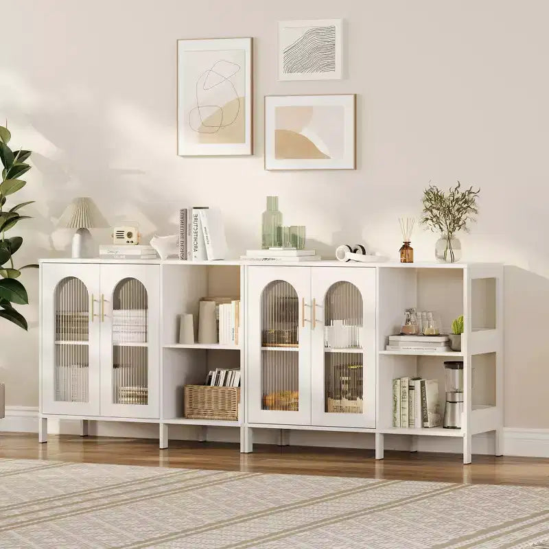 Buffet moderne de rangement avec portes vitrées, meuble de bar à café avec 2 étagères de rangement ouvertes et poignée en métal, meuble d'appoint, salon, salle à manger, blanc