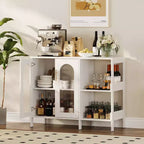 Buffet moderne de rangement avec portes vitrées, meuble de bar à café avec 2 étagères de rangement ouvertes et poignée en métal, meuble d'appoint, salon, salle à manger, blanc