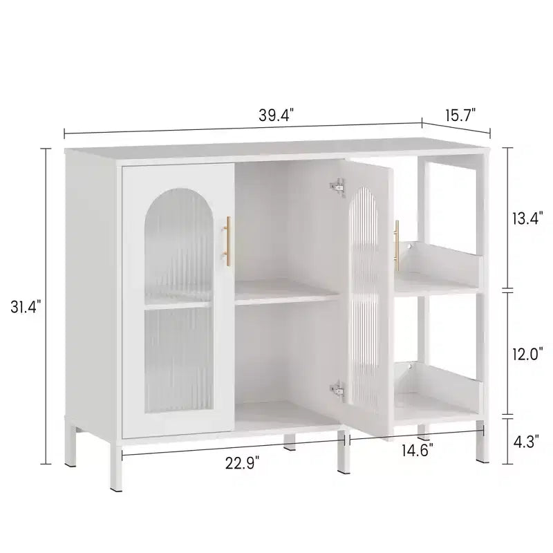 Buffet moderne de rangement avec portes vitrées, meuble de bar à café avec 2 étagères de rangement ouvertes et poignée en métal, meuble d'appoint, salon, salle à manger, blanc