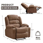 Fauteuil inclinable manuel surdimensionné avec inclinaison à 3 positions, fauteuil de salon individuel surrembourré élargi avec 2 porte-gobelets, 2 poches latérales, tissu chenille