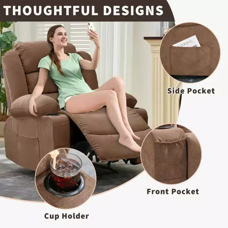 Fauteuil inclinable manuel surdimensionné avec inclinaison à 3 positions, fauteuil de salon individuel surrembourré élargi avec 2 porte-gobelets, 2 poches latérales, tissu chenille