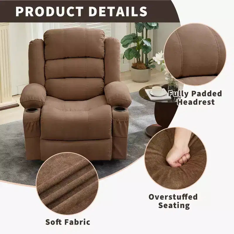 Fauteuil inclinable manuel surdimensionné avec inclinaison à 3 positions, fauteuil de salon individuel surrembourré élargi avec 2 porte-gobelets, 2 poches latérales, tissu chenille