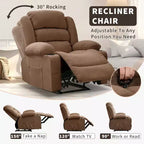 Fauteuil inclinable manuel surdimensionné avec inclinaison à 3 positions, fauteuil de salon individuel surrembourré élargi avec 2 porte-gobelets, 2 poches latérales, tissu chenille