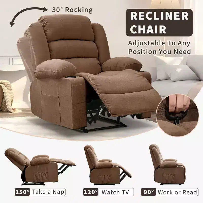 Fauteuil inclinable manuel surdimensionné avec inclinaison à 3 positions, fauteuil de salon individuel surrembourré élargi avec 2 porte-gobelets, 2 poches latérales, tissu chenille