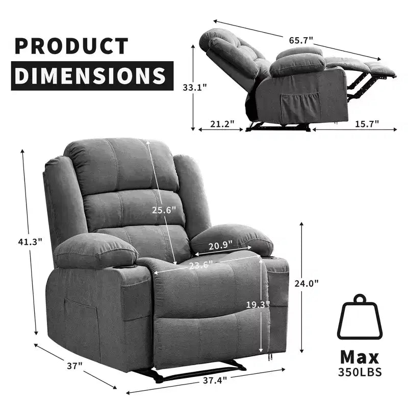Fauteuil inclinable manuel surdimensionné avec inclinaison à 3 positions, fauteuil de salon individuel surrembourré élargi avec 2 porte-gobelets, 2 poches latérales, tissu chenille