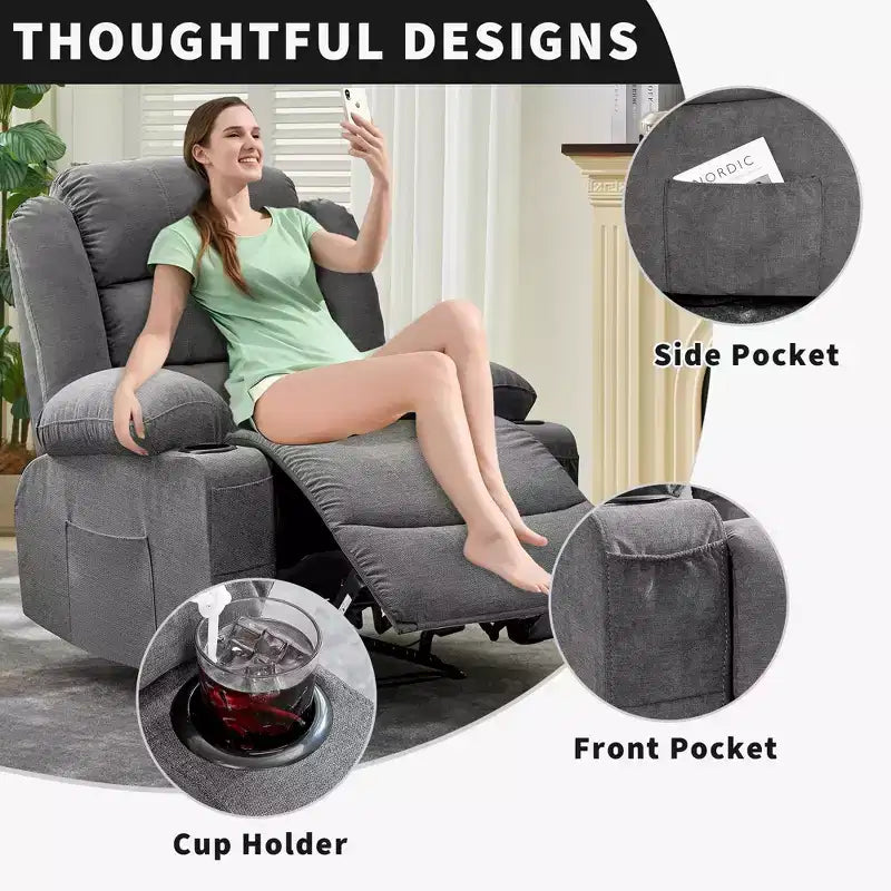 Fauteuil inclinable manuel surdimensionné avec inclinaison à 3 positions, fauteuil de salon individuel surrembourré élargi avec 2 porte-gobelets, 2 poches latérales, tissu chenille