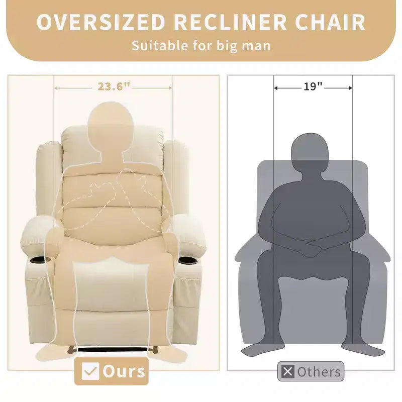 Fauteuil inclinable manuel surdimensionné avec inclinaison à 3 positions, fauteuil de salon individuel surrembourré élargi avec 2 porte-gobelets, 2 poches latérales, tissu chenille