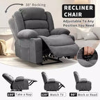 Fauteuil inclinable manuel surdimensionné avec inclinaison à 3 positions, fauteuil de salon individuel surrembourré élargi avec 2 porte-gobelets, 2 poches latérales, tissu chenille