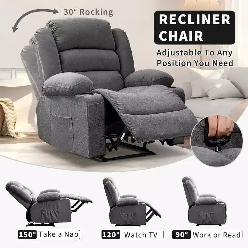 Fauteuil inclinable manuel surdimensionné avec inclinaison à 3 positions, fauteuil de salon individuel surrembourré élargi avec 2 porte-gobelets, 2 poches latérales, tissu chenille