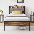  Twin Size Bed Frame with Storage Headboard, Solid Wood Platform Bed with Charging Station for Bedroom, Brown