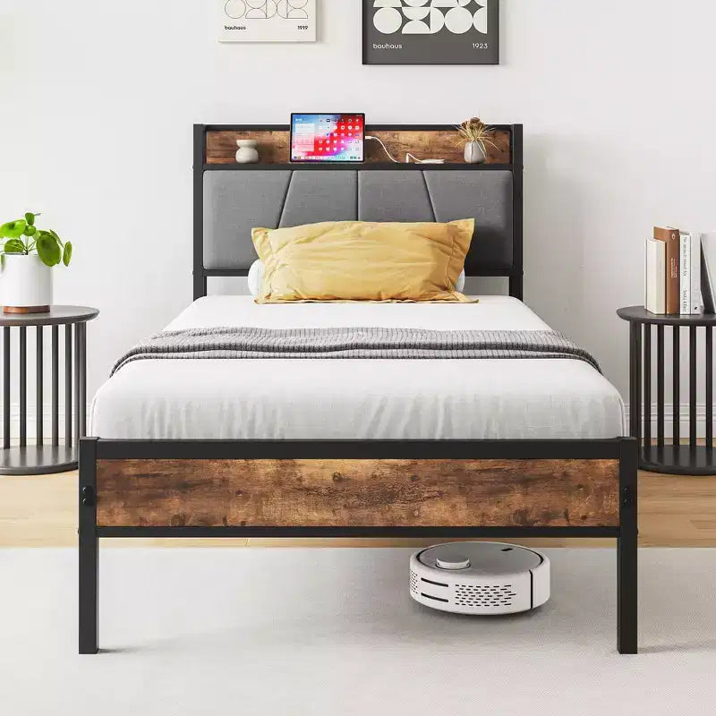  Twin Size Bed Frame with Storage Headboard, Solid Wood Platform Bed with Charging Station for Bedroom, Brown
