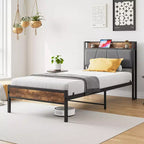 Cadre de lit double avec tête de lit de rangement, plateforme de lit en bois massif avec station de charge pour chambre à coucher, marron