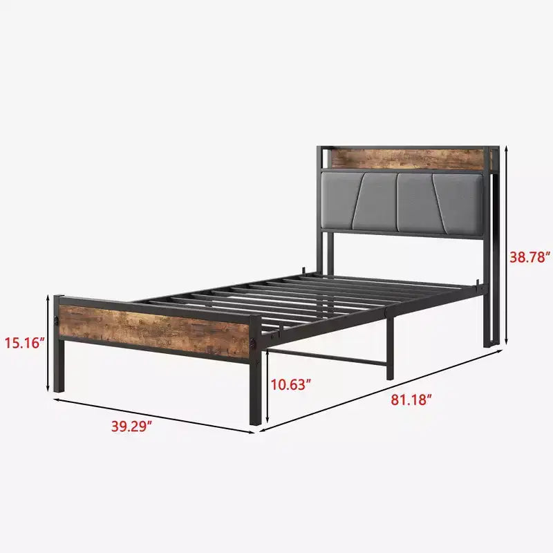 Cadre de lit double avec tête de lit de rangement, plateforme de lit en bois massif avec station de charge pour chambre à coucher, marron