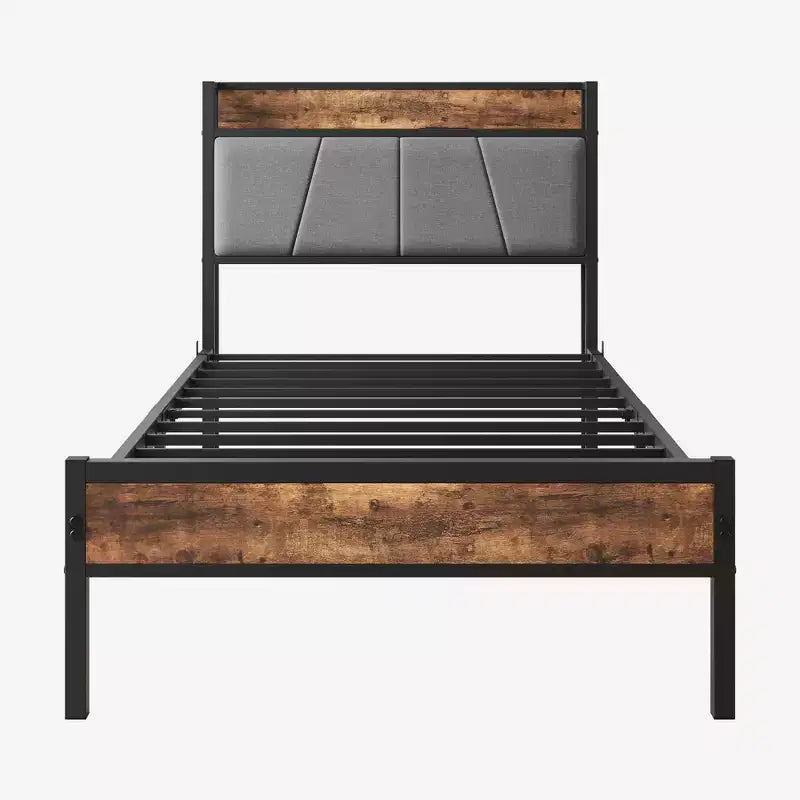 Cadre de lit double avec tête de lit de rangement, plateforme de lit en bois massif avec station de charge pour chambre à coucher, marron