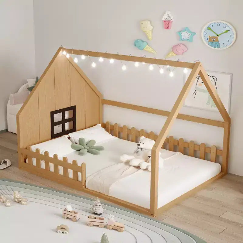  Full Size Bed Frame with Storage Headboard, Solid Wood Full Wood House Platform Bed with Window and Fence for Bedroom, Natural