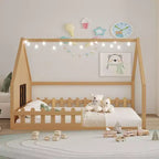 Cadre de lit double avec tête de lit de rangement, lit plateforme en bois massif avec fenêtre et clôture pour chambre à coucher, naturel