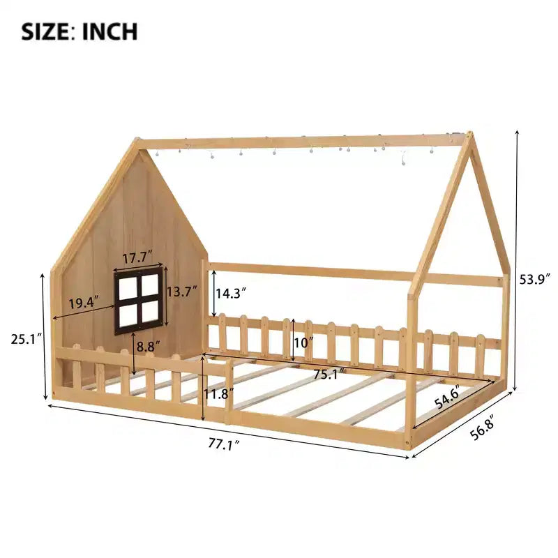Cadre de lit double avec tête de lit de rangement, lit plateforme en bois massif avec fenêtre et clôture pour chambre à coucher, naturel