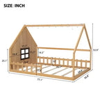 Cadre de lit double avec tête de lit de rangement, lit plateforme en bois massif avec fenêtre et clôture pour chambre à coucher, naturel