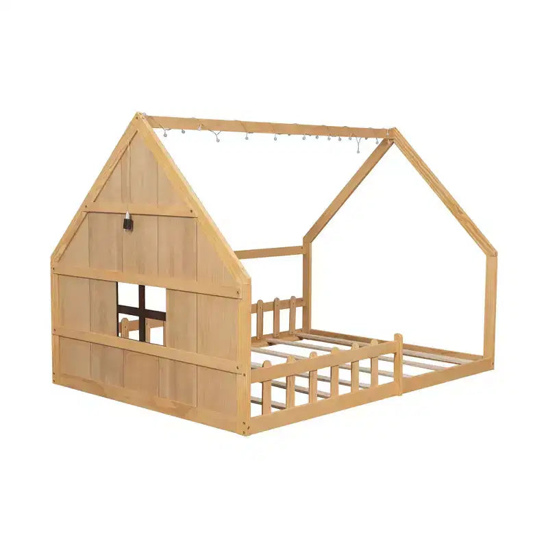 Cadre de lit double avec tête de lit de rangement, lit plateforme en bois massif avec fenêtre et clôture pour chambre à coucher, naturel
