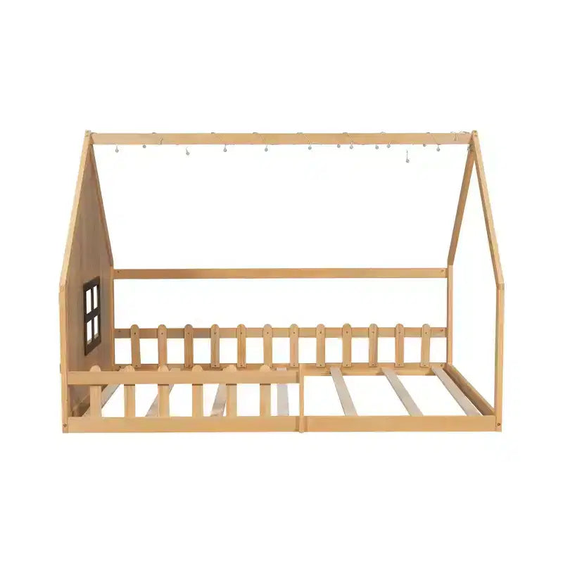 Cadre de lit double avec tête de lit de rangement, lit plateforme en bois massif avec fenêtre et clôture pour chambre à coucher, naturel