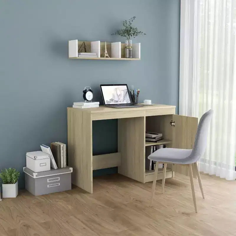 Bureau d'ordinateur moderne en chêne Sonoma de 100 cm avec armoire de rangement intégrée pour bureau à domicile