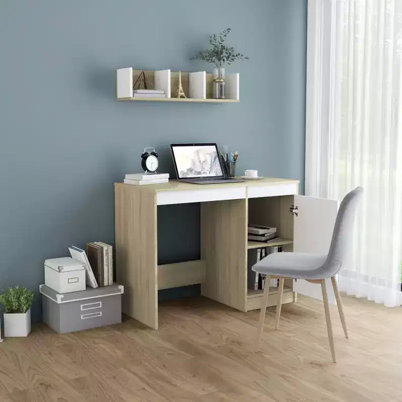 Bureau d'ordinateur moderne en chêne Sonoma de 100 cm avec armoire de rangement intégrée pour bureau à domicile