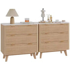 32 Width Fluted Modern Nightstands with Faux Marble Top,3 Drawer Bedside Table,Large Nightstand for Bedroom,Living Room, Hallway,Profile Design, Oak
