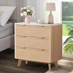 Tables de chevet modernes cannelées de 32 po de largeur avec plateau en faux marbre, table de chevet à 3 tiroirs, grande table de chevet pour chambre à coucher, salon, couloir, design profilé, chêne
