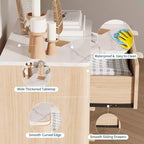 Tables de chevet modernes cannelées de 32 po de largeur avec plateau en faux marbre, table de chevet à 3 tiroirs, grande table de chevet pour chambre à coucher, salon, couloir, design profilé, chêne