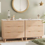Tables de chevet modernes cannelées de 32 po de largeur avec plateau en faux marbre, table de chevet à 3 tiroirs, grande table de chevet pour chambre à coucher, salon, couloir, design profilé, chêne