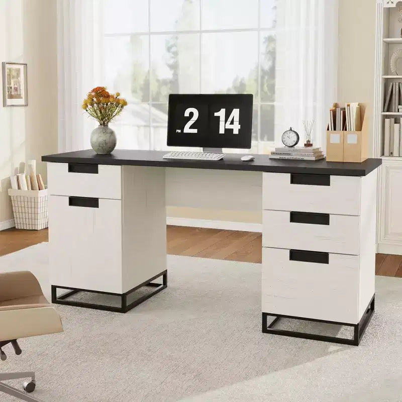 Bureau de direction de ferme, bureau d'ordinateur de 150 cm, bureaux de bureau à domicile blancs avec tiroir de classement et armoire de rangement, bureaux d'écriture en bois pour chambre à coucher, maison