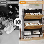 Meuble à chaussures en bois avec range-chaussures autoportant dissimulé et deux tiroirs basculants, idéal pour les entrées et les couloirs.