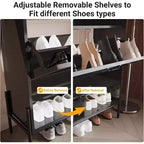 Meuble à chaussures en bois avec range-chaussures autoportant dissimulé et deux tiroirs basculants, idéal pour les entrées et les couloirs.