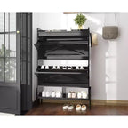 Wooden shoe cabinet with hidden freestanding shoe rack and two flip-top drawers, ideal for entryways and hallways.