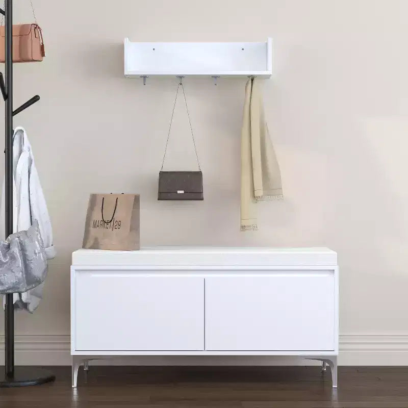 Storage Bench and Wall-Mounted Entryway Shelf with Hooks Set, Entryway Shoe Bench Shoe Cabinet Storage Chest with Cushion, White - 