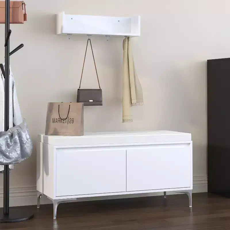Banc de rangement et étagère murale d'entrée avec crochets, banc à chaussures d'entrée, meuble à chaussures avec coussin, blanc -