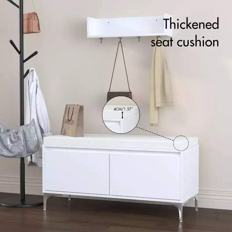 Banc de rangement et étagère murale d'entrée avec crochets, banc à chaussures d'entrée, meuble à chaussures avec coussin, blanc -