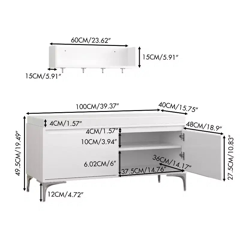 Banc de rangement et étagère murale d'entrée avec crochets, banc à chaussures d'entrée, meuble à chaussures avec coussin, blanc -