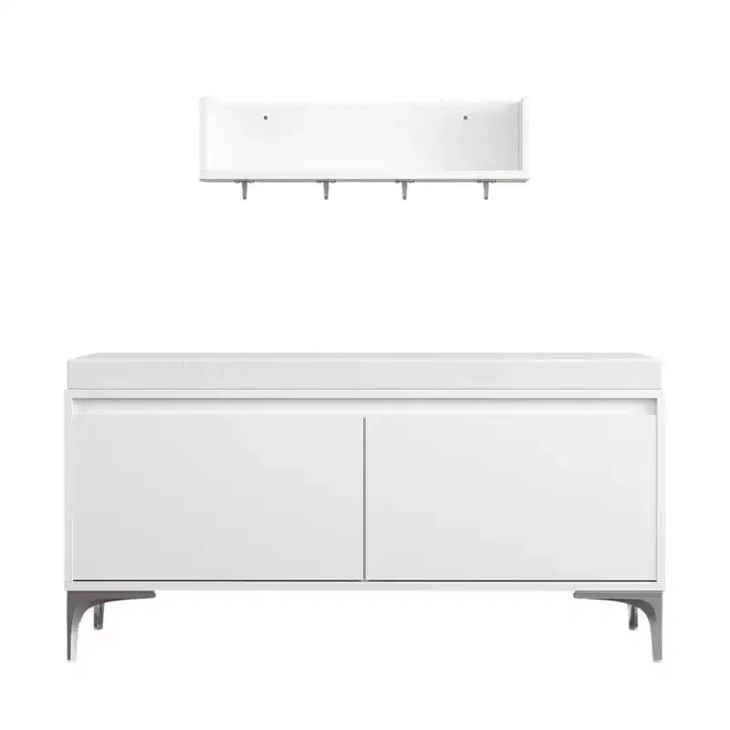 Banc de rangement et étagère murale d'entrée avec crochets, banc à chaussures d'entrée, meuble à chaussures avec coussin, blanc -