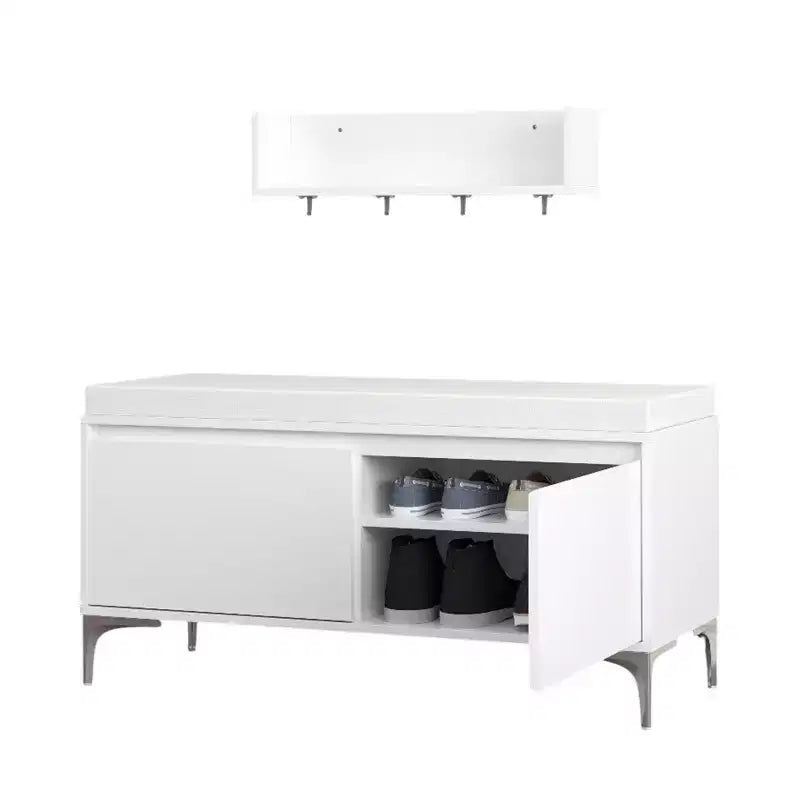 Banc de rangement et étagère murale d'entrée avec crochets, banc à chaussures d'entrée, meuble à chaussures avec coussin, blanc -