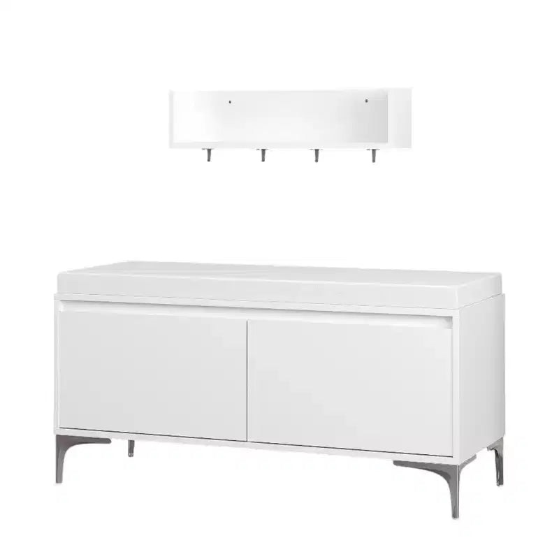 Banc de rangement et étagère murale d'entrée avec crochets, banc à chaussures d'entrée, meuble à chaussures avec coussin, blanc -