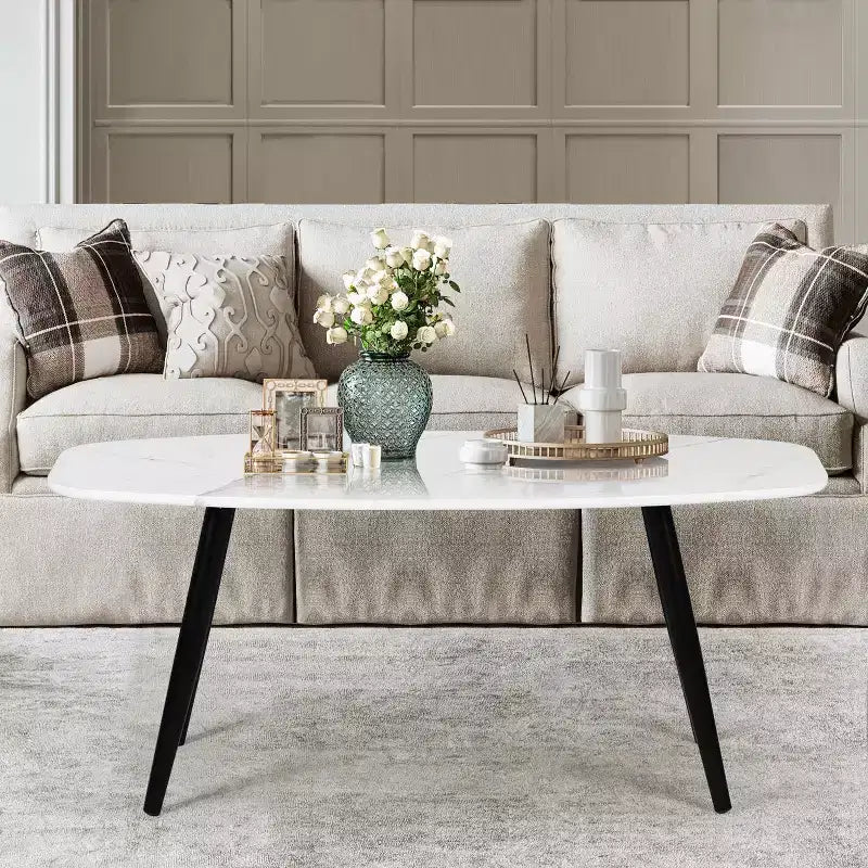 Modern Coffee Table 43.3 Inches Rectangular Simple Style Center Table, Minimalist Wooden Cocktail Table for Living Room (Marble)