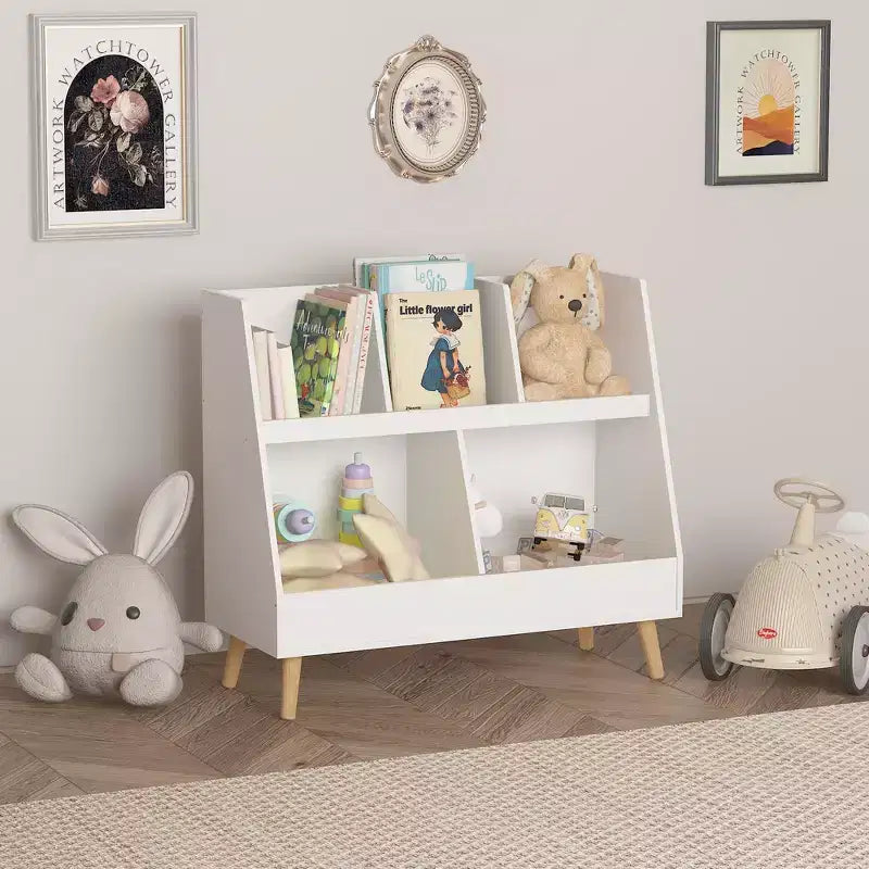  Kids Bookshelf and Toy Organizer, Open Bookcase, 2-Tier Baby Storage Display Organizer with Legs - White