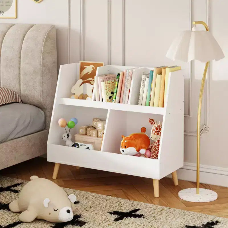Étagère à livres et organiseur de jouets pour enfants, bibliothèque ouverte, organisateur de rangement et de présentation pour bébés à 2 niveaux avec pieds - Blanc