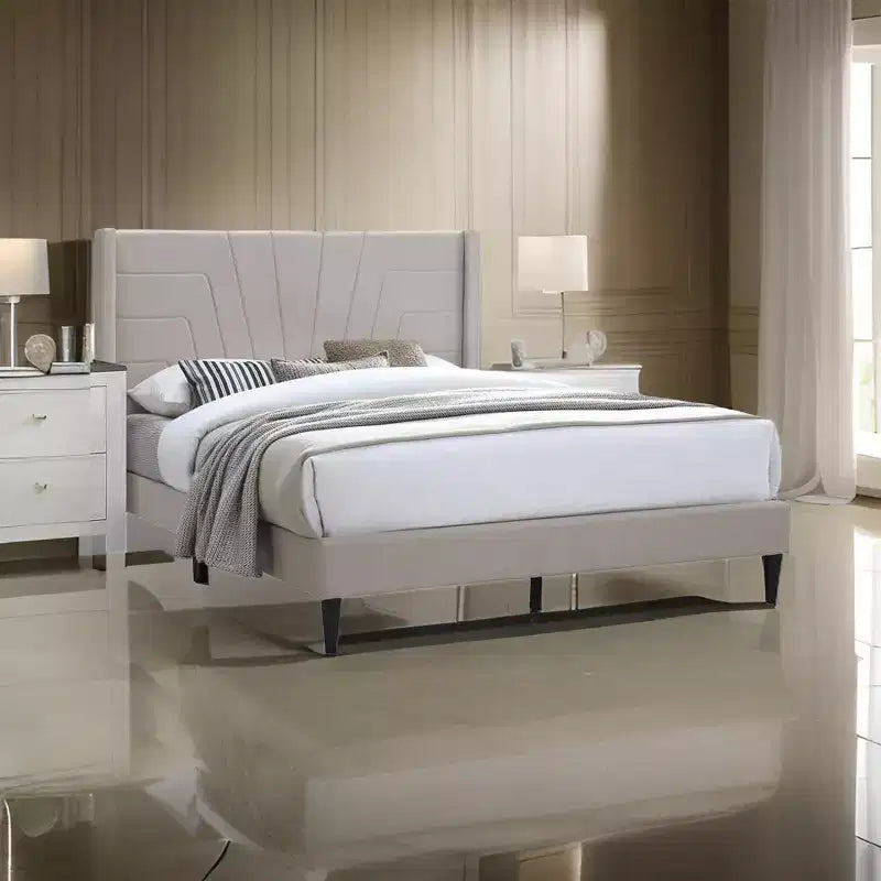  Queen Size Bed with Tufted Headboard, Brown Burlap Upholstery, Wood
