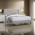  Queen Size Bed with Tufted Headboard, Brown Burlap Upholstery, Wood