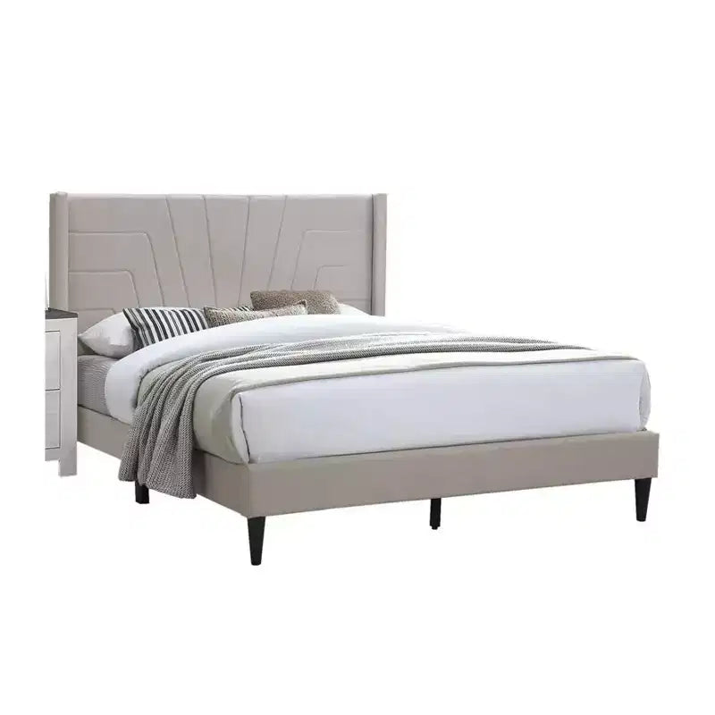 Lit Queen Size avec Tête de Lit Capitonnée, Rembourrage en Toile de Jute Marron, Bois